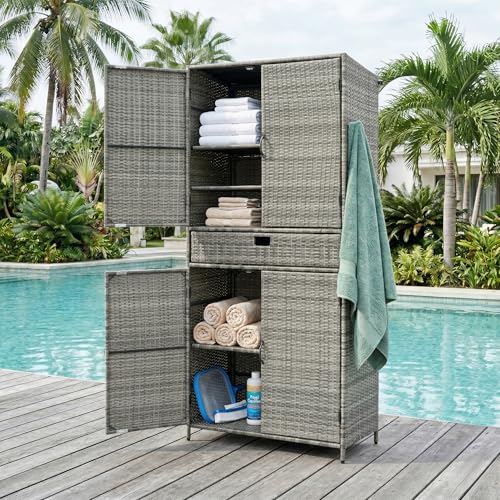 jurmiture 76.4" Tall Wicker Outdoor Storage Cabinet with One Large
