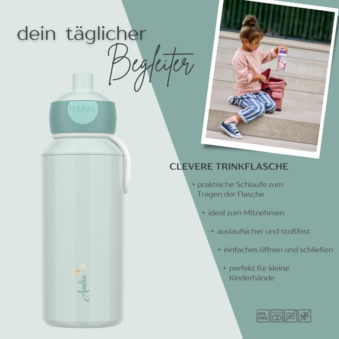 Mepal Set Brotzeitdose & Trinkflasche personalisiert, Brotdose Kinder mit Fächern, Lunch Box & Wasserflasche mit Name, auslaufsicheres Bento Box Set mit buntem Aufdruck Pferd (pink)