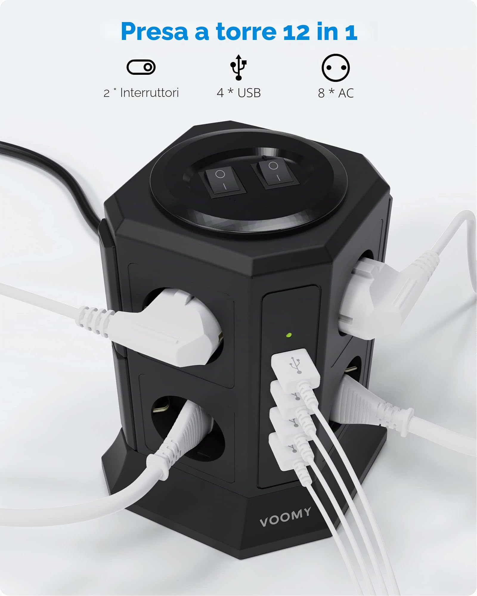 VOOMY 12-in-1 Multipresa Verticale, Ciabatta Multipresa con USB, Multipresa Elettrica con 8 Prese e 4 USB, Ciabatta con Fusibile di Protezione, 2 Interruttori Indipendenti e Cavo 2M, Nero
