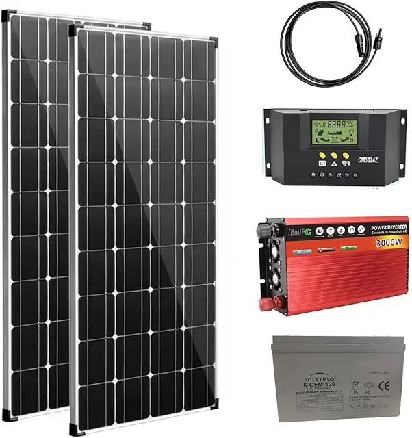 Kit Fotovoltaico 3kW con Accumulo: 2 Pannelli 250W, Inverter 3000W, Batteria 120AH