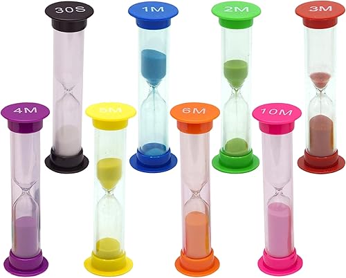 Temporizador de arena para niños, juego de 8 pequeños relojes coloridos de cristal acrílico cubierto de 30 segundos, 1 minuto, 2 minutos, 3 minutos,