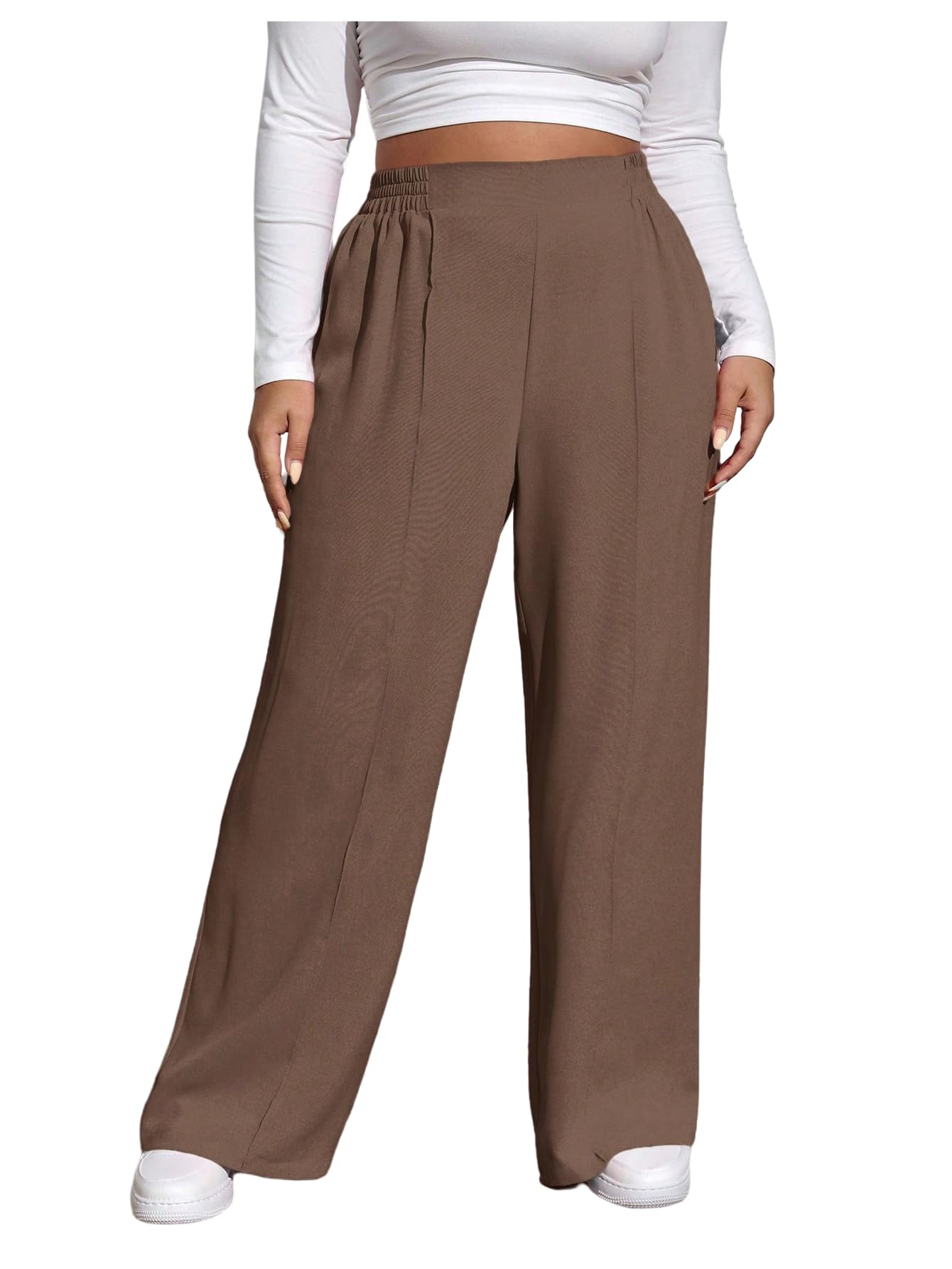 Womens Plus Size Pleated Front Casual Pants Elastic Waisted Wide Leg Trousers Work Pants