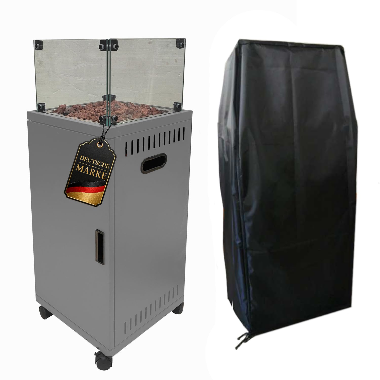 APANA Gas Heizstrahler FUEGO 8kW – Terrassenfeuer mit Sichtfenster & Rollen – Heizpilz für Garten, Balkon & Terrasse – inkl. Abdeckhaube, Umkippsicherung & Abschaltautomatik – anthrazit