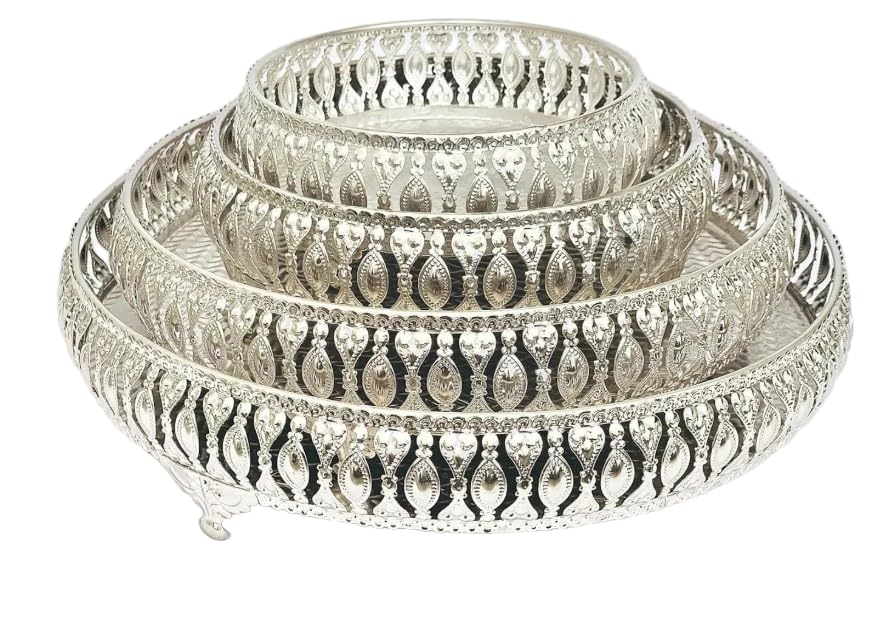 Image of Decorative German Silver Tray Set of 4 Sets Designer Set Trays I Gifting Trays Set [Display for Home Wedding and Festive Decor Size 10 inch 8 inch 6 inch 4 inch. Without Stand Flat Trays.