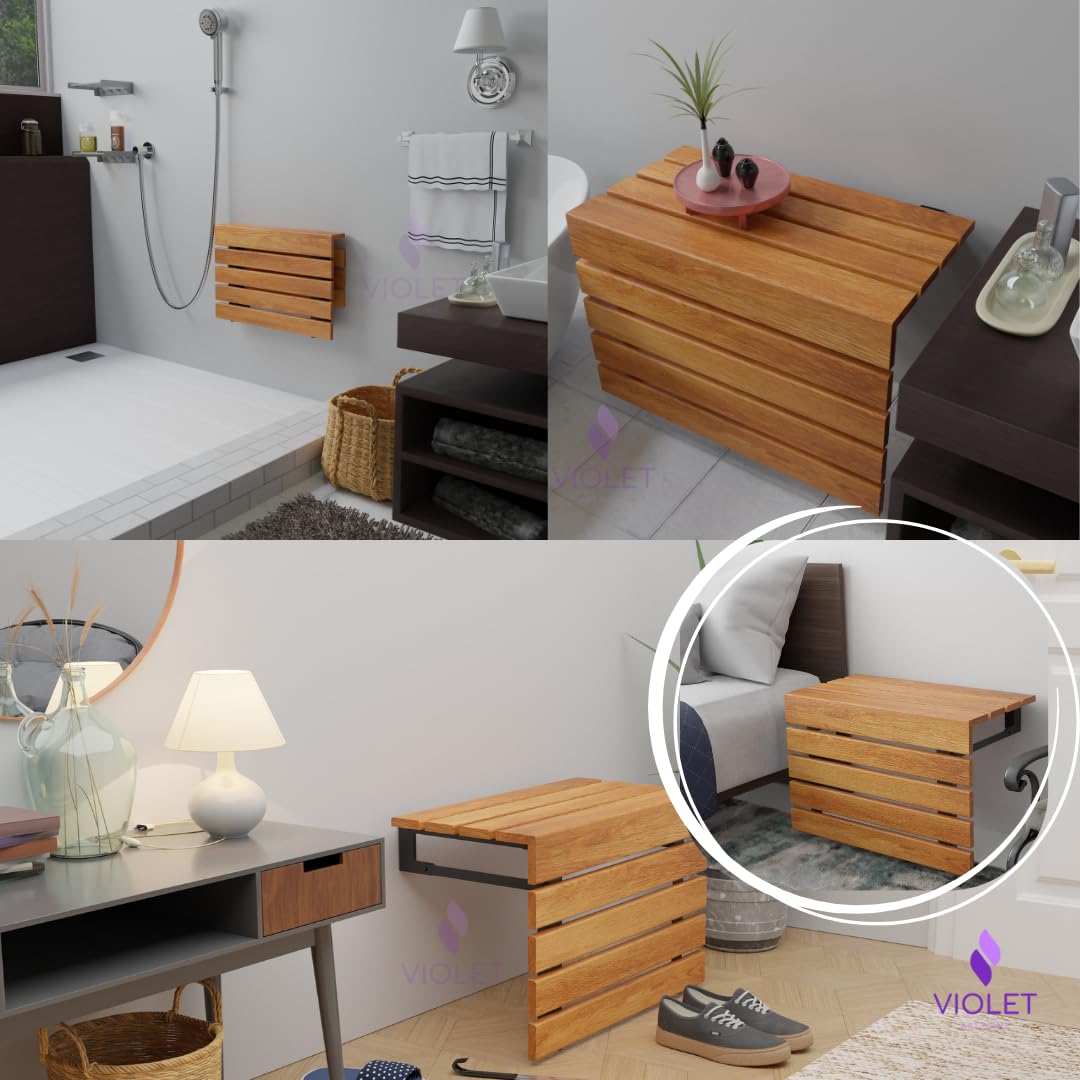 20" Asiento de ducha plegable de madera de teca grande montado en la pared, hecho a mano, banco de baño resistente y que cumple con ADA, taburete de baño robusto y que ahorra espacio, silla compacta y