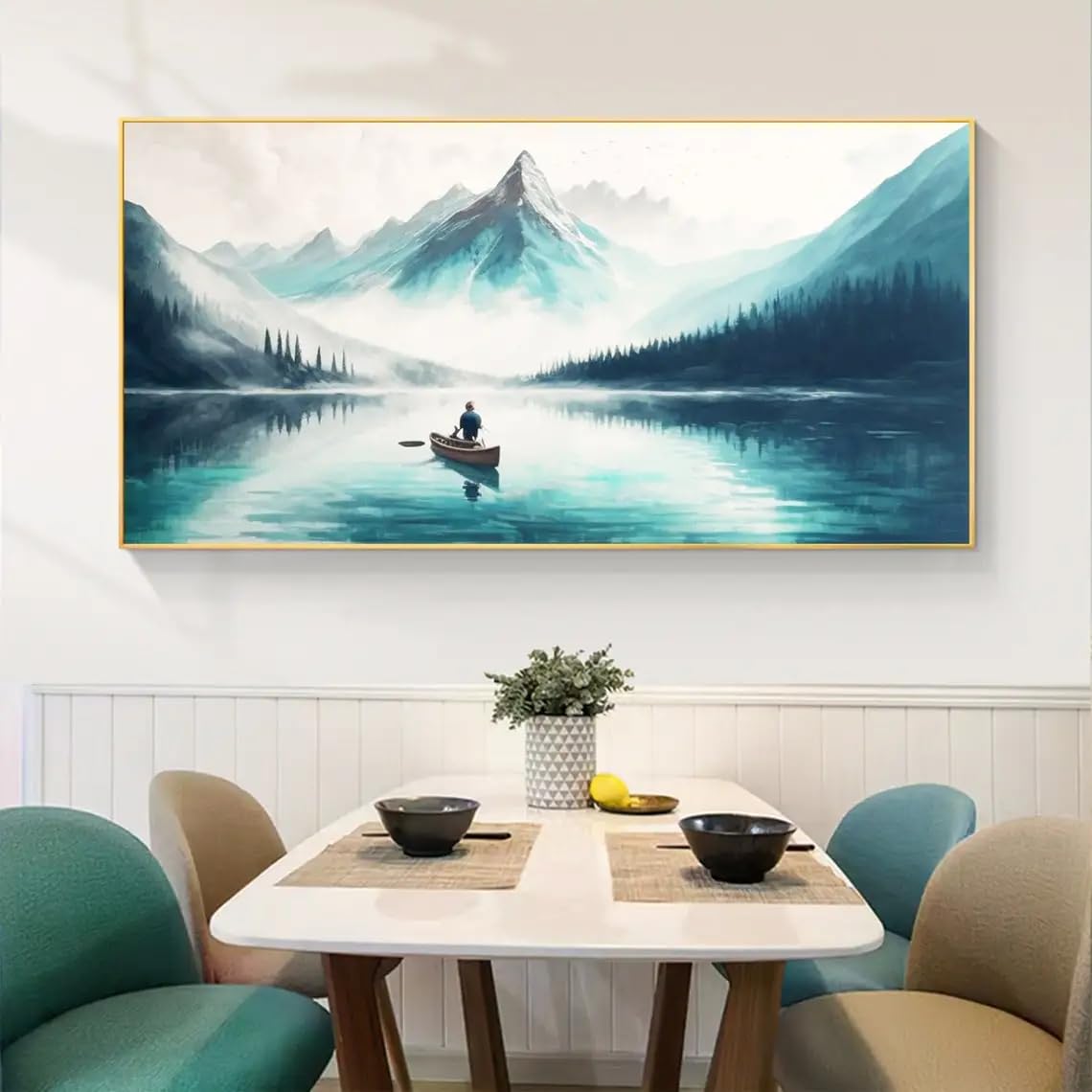 GOSRD Abstract Landscape On Canvas Prints Painting Lake Mountain Boat Wall Art Natural Scenery Artwork(30x60cm)