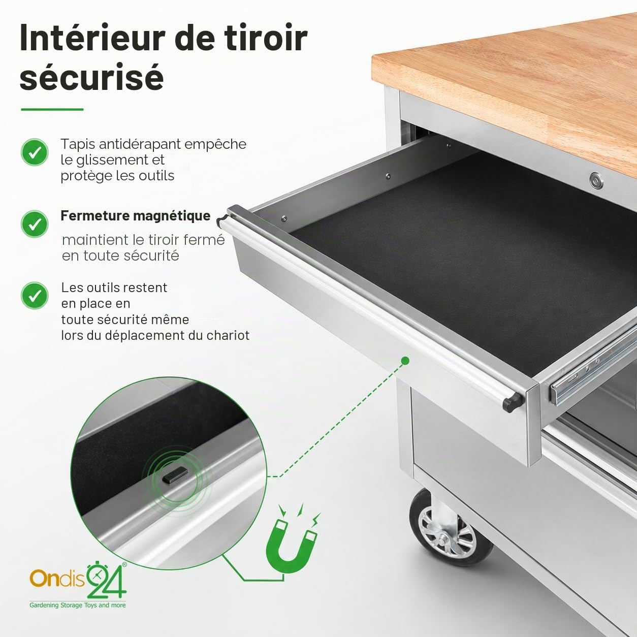 Ondis24 Chariot d'atelier en acier inoxydable avec 4 tiroirs à roulement facile et plan de travail en bois massif XL - Roulettes pivotantes - Gris - 130 x 49 x 92 cm