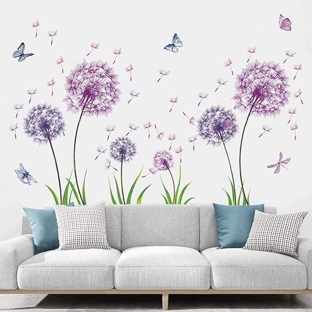 Dandelion Wall Stickers Living Room, TOARTI 54pcs Purple Butterfly Flower Wall Stickers for Bedrooms for Girls, Plant Wall Art Stickers, Dandelion Wall Decal for Adults Baby Nursery Room Wall Decor