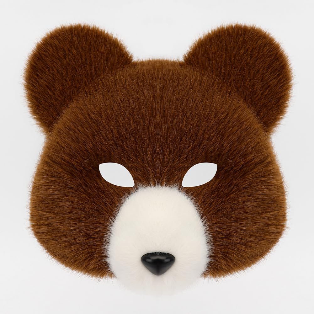 Furry Bear Mask Animal Cosplay Plush Faux Fur Realistic Bear Half Face Mask Halloween Masquerade Carnival Costume Accessory (Brown White)