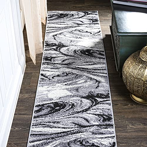 JONATHAN Y Viscon Abstract Marble Light Gray/Black Runner Rug 2x8, Modern,Contemporary,Geometric,Casual, Easy-Cleaning for Living Room,Bedroom,Kitchen,Pet Friendly,Non-Shedding (SEU207A-28)