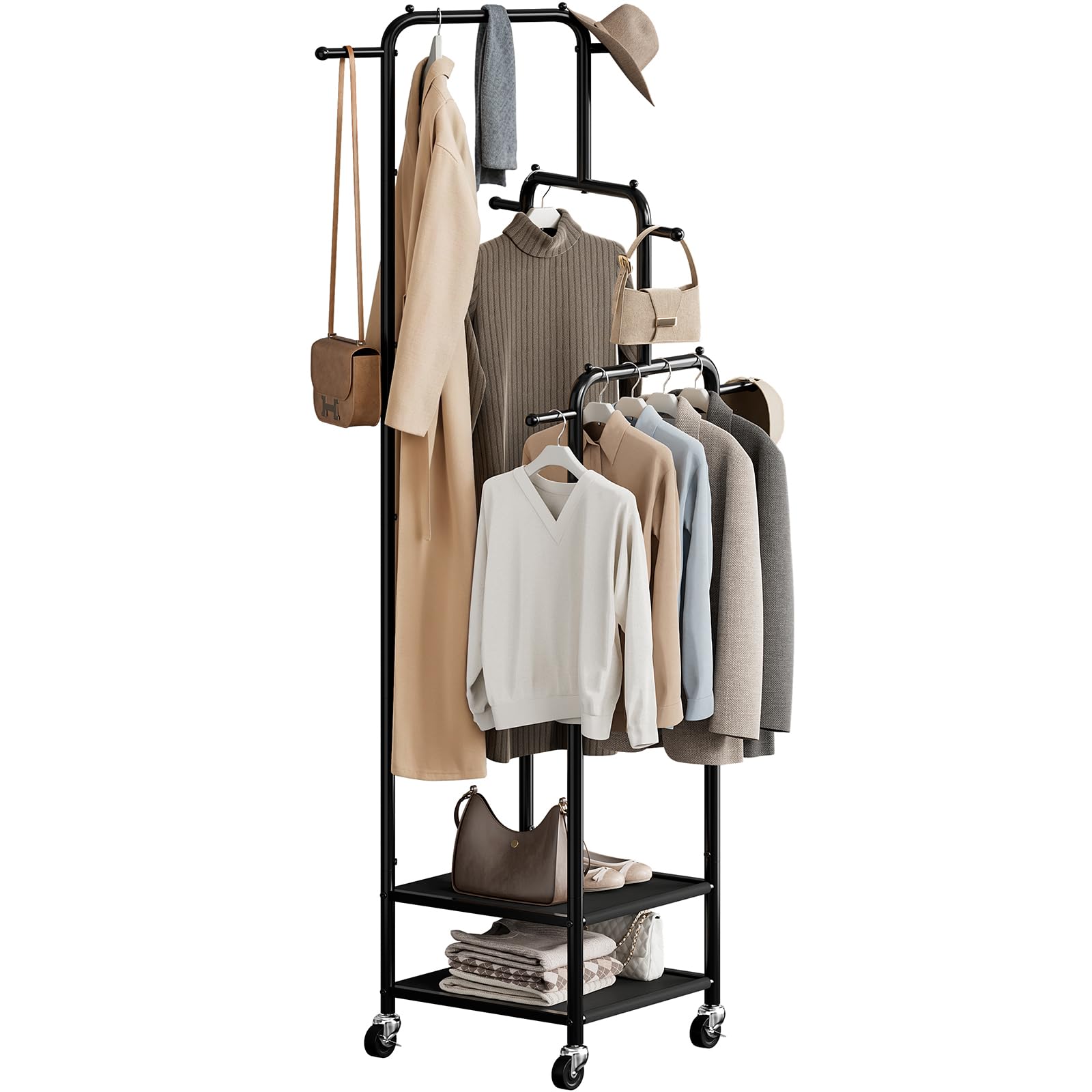 Chrislley Small Clothing Rack With Wheels 71 Portable Rolling Garment Rack With 2 Shelves and 6 Hooks 3-Section