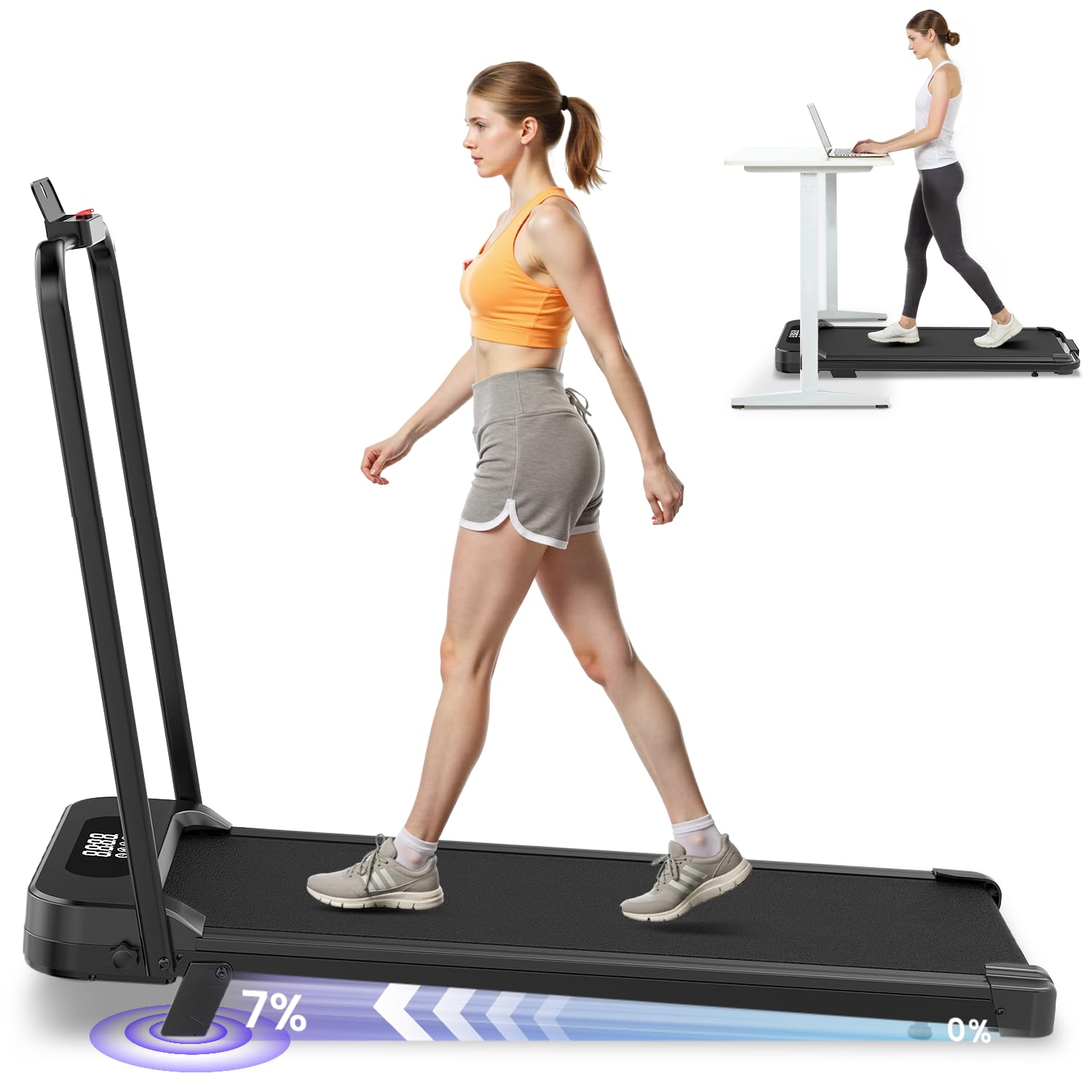 Foldable Walking Pad with 7% Incline, 1-8KM/H Under Desk Treadmill for Home