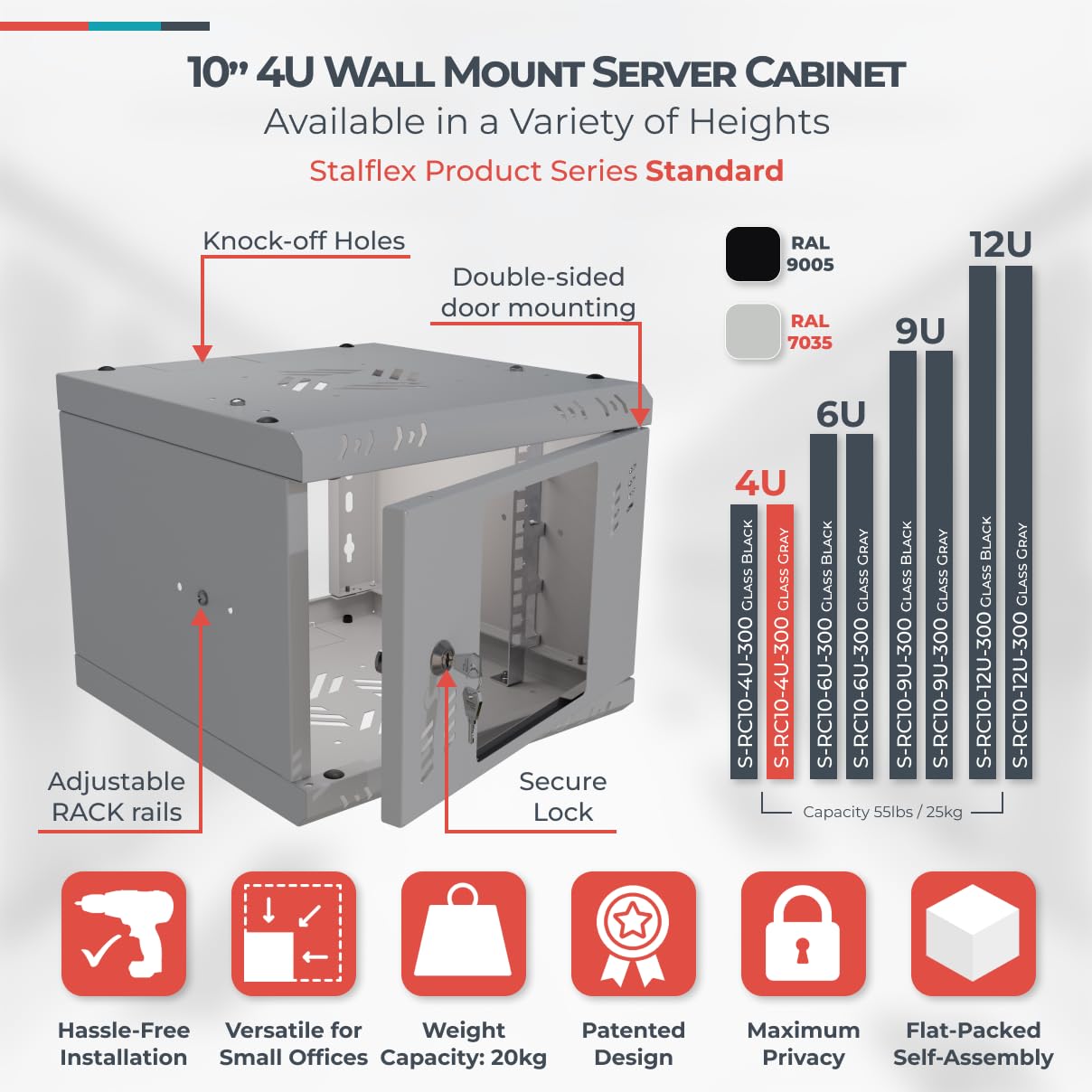 Armadio di Rete 10 Pollici - Armadio Rack 4U - Server Rack per Montaggio a Parete - Capacità di Carico 15 kg - Rack 10 Pollici Verso la sala Server, l'ufficio - Grigio