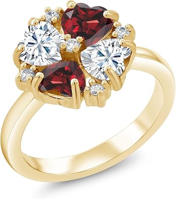 Gem Stone King 2.12ct Moissanite Clover Ring for Women Natural Garnet 925 Silver 18K Yellow Gold Finish Birthday Gift, Silver, Moissanite Garnet Cubic Zirconia