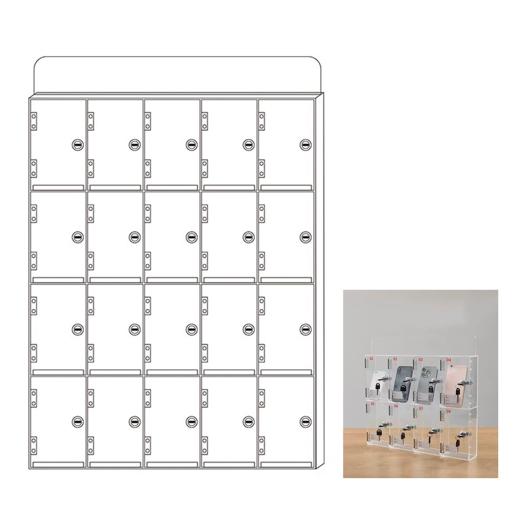 uofgcru Mobile Phone Storage,Personal Storage Box With 10/12/16/18/20 Slots Transparent Mobile Phone Locker With Lock Desktop,Storage Cabinet For Employees Type B-57×7×73.7cm(20 Slot)