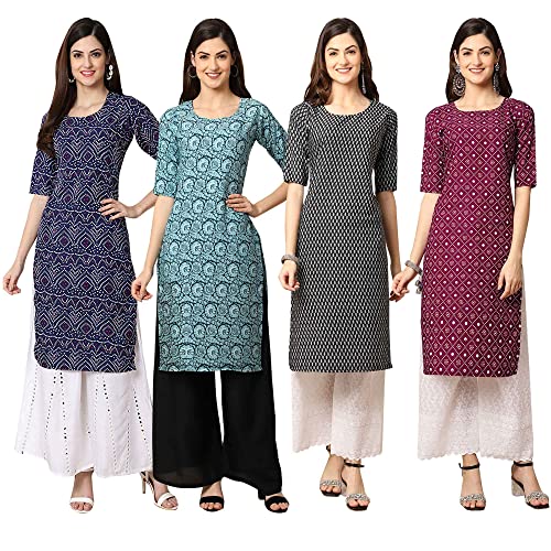 Image of Pinkmint Women's Crepe Digital Print Straight Kurta [Pack of 4] (CCV-334-338-339-335)