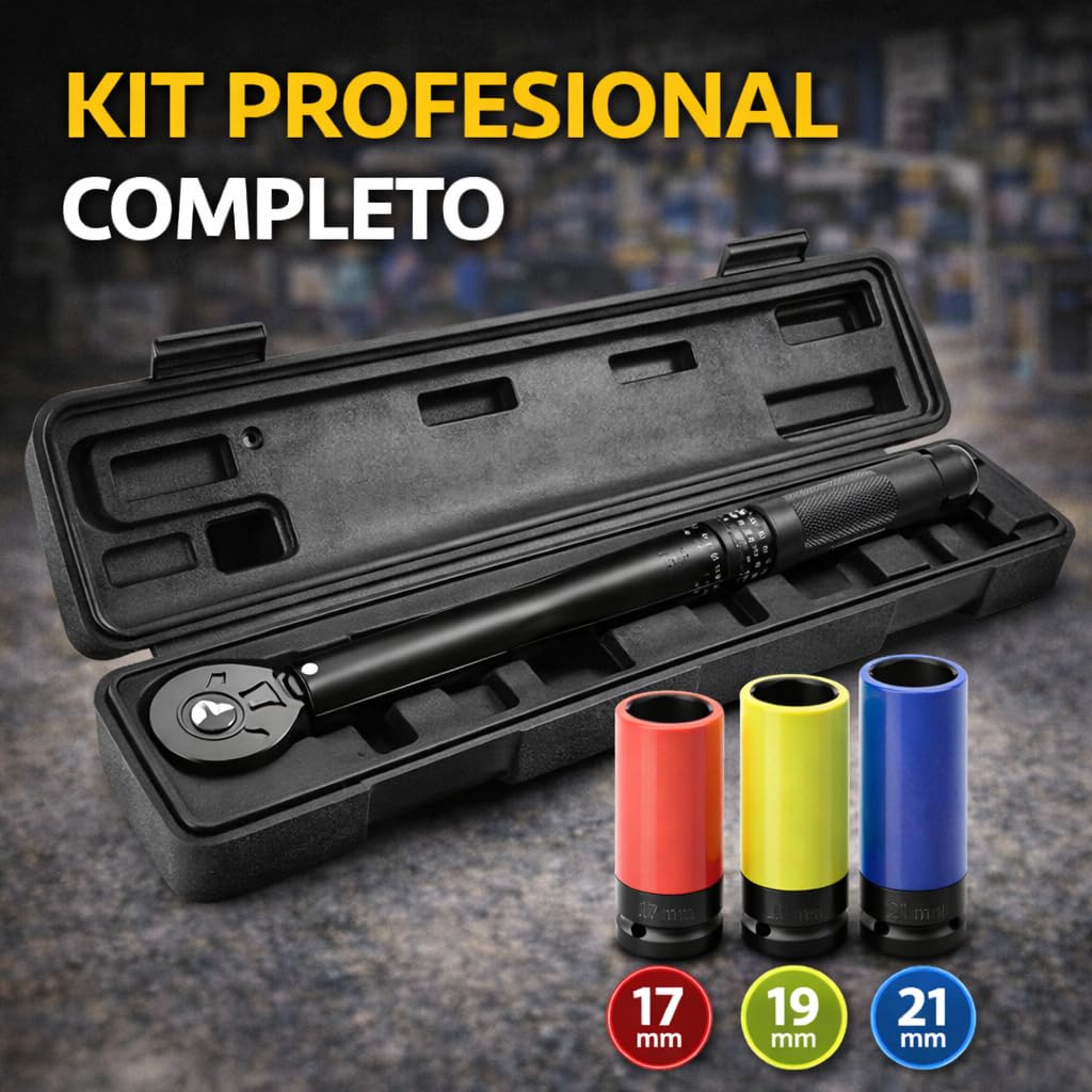 Llave Dinamométrica 1/2" Profesional 28-210 Nm + Vasos Impacto 17, 19 y 21 mm | Acero CrV Alta Resistencia | Carraca Reversible | Ajuste Preciso de Par para Llantas y Mecánica