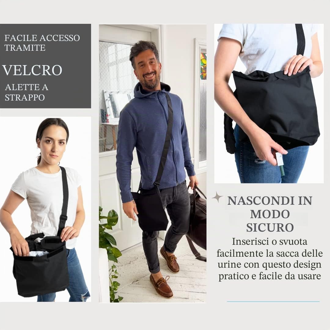 Supporto per sacca di drenaggio delle urine con copertura per tubo catetere e cinghia regolabile, colore nero