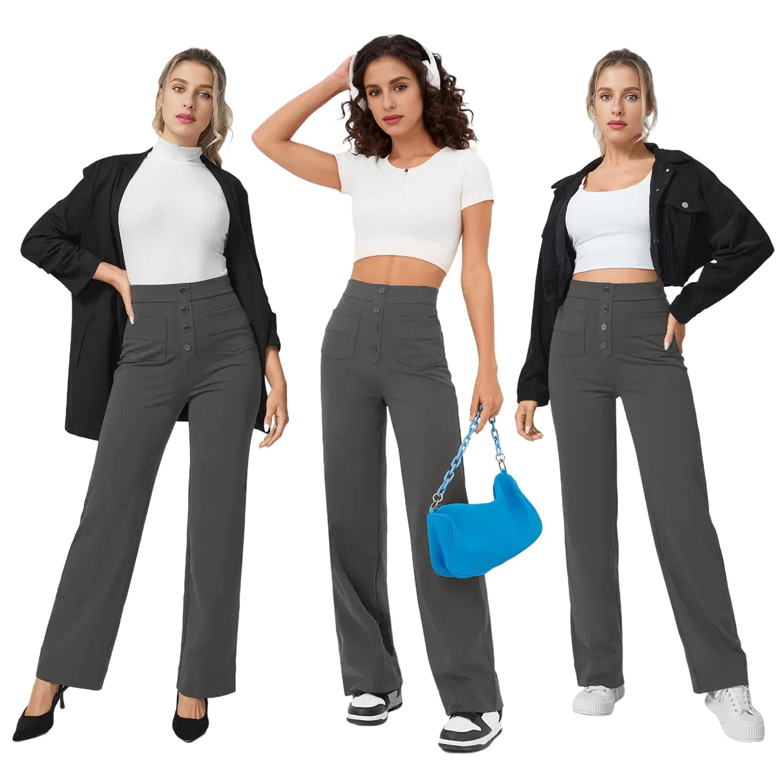 Glacspyg Yoga Pantalons Femmes Taille Haute de Survêtement Bouton Droite avec Poches élastique Pantalon décontracté