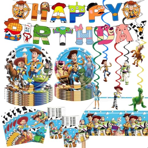 88pcs Toy Story Birthday Party Supplies Set Including Happy Birthday Banner Hanging Swirls Aluminum Balloons Plates Cups Tablecloth