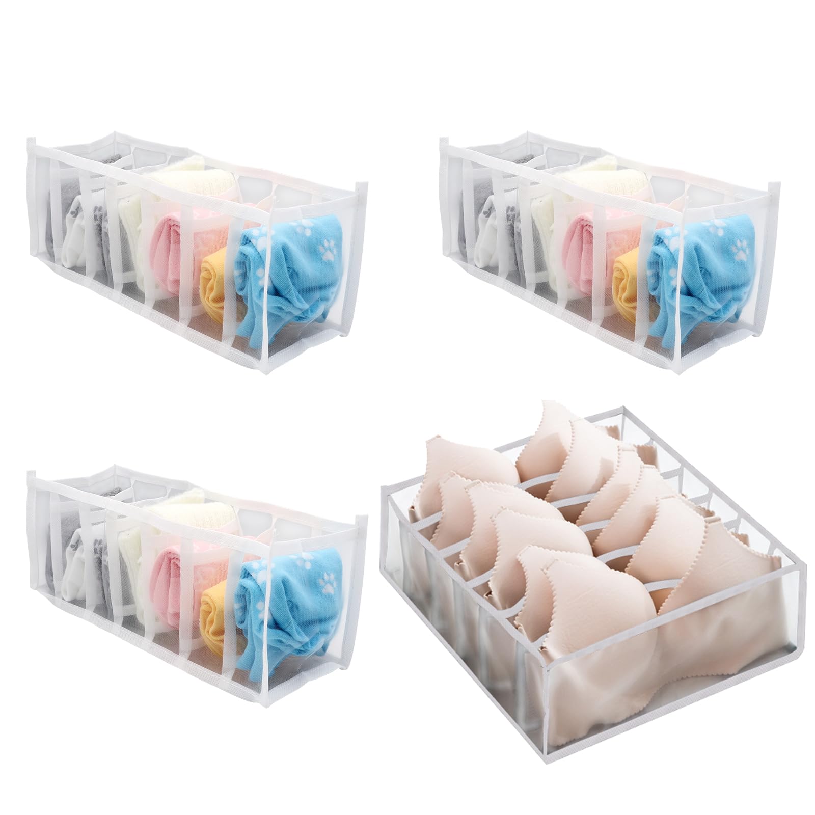 BORISCA 4 Piezas Organizador Ropa Interior Organizador Armario Ropa Malla Organizador Calcetines Facil de Encontrar, 2 Modelos de Organizador Cajones Ropa para Cinturones, Bufanda, Guantes