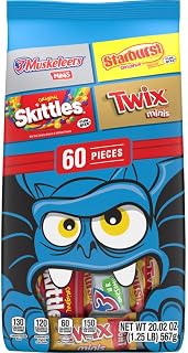 SKITTLES Original Fun Size, TWIX Minis, STARBURST Original Fun Size & 3 MUSKETEERS Minis Individually Wrapped Trick or Treat Halloween Candy Variety, 60 Ct Bulk Bag