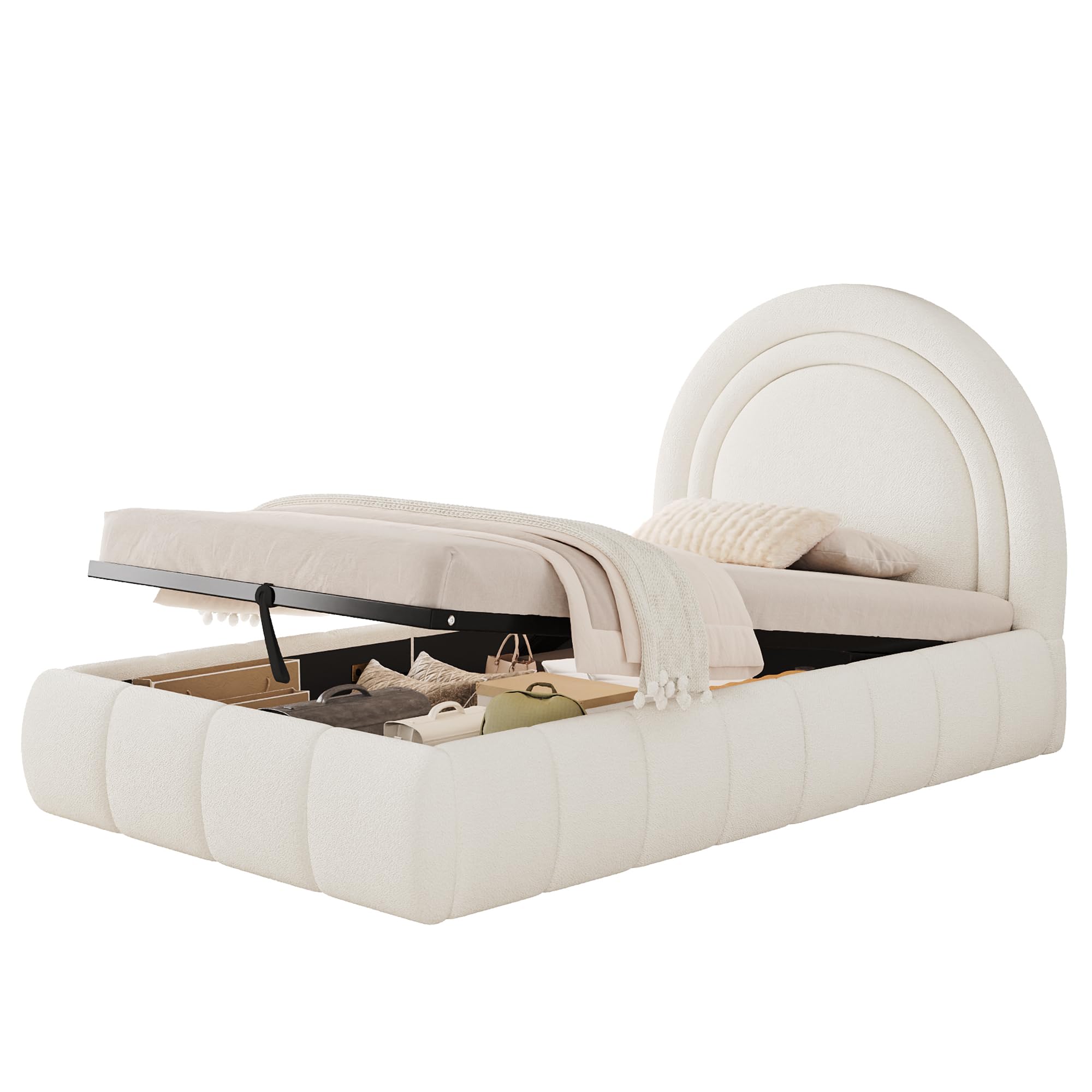 Cama tapizada, cama individual de 90 x 200 cm, cama funcional hidráulica, cama con somier, cabecero y gran espacio de almacenamiento, cabecero acolchado, bouclé, beige