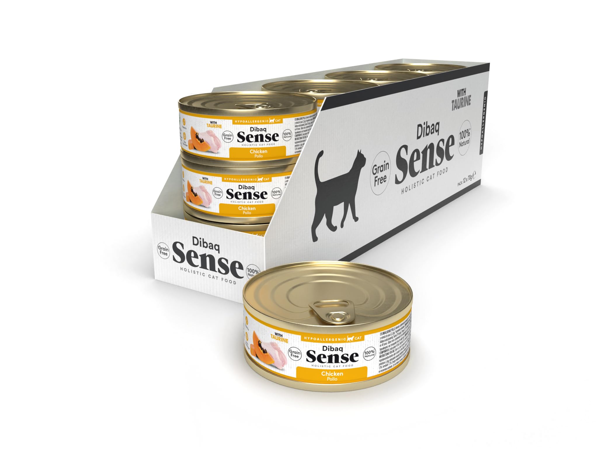 Dibaq Sense Cat Grain Free: Alimento húmedo de Pollo 100% Natural y sin Cereales para gatos. Pack Caja de 70 g x 12 uds.