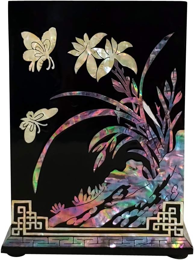 Antique Alive Mother of Pearl Inlay Wooden Black Chrysanthemum, Bamboo, Orchid, Maehwa Design Desk Desktop Pen Pencil Brush Cup Case Box Holder