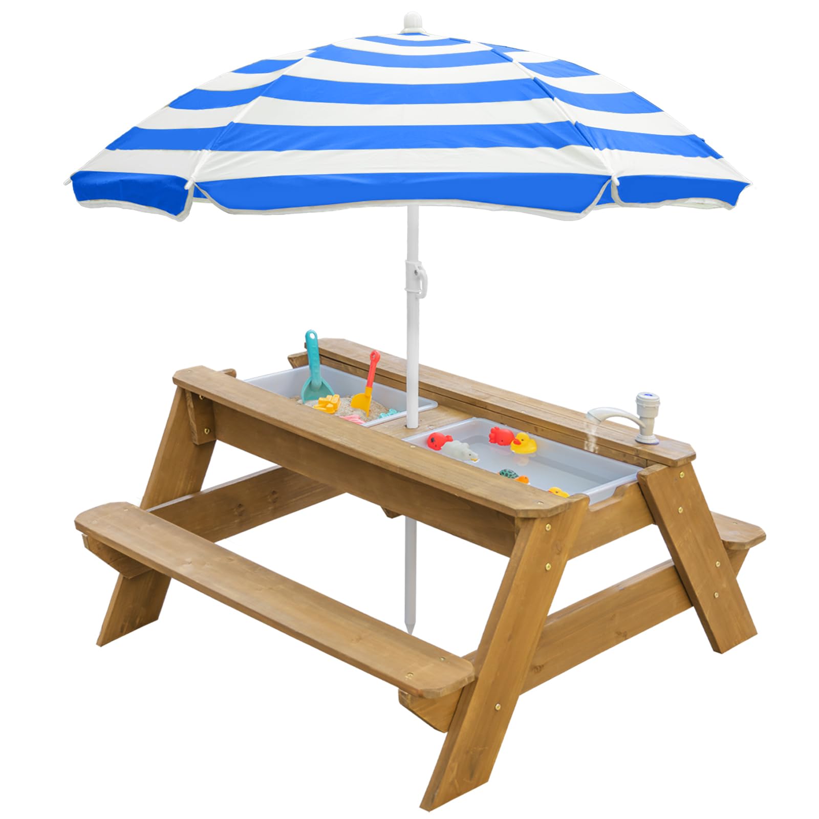 K LUCKIDS Kids 3-in-1 Sand & Water Activity Table, Wood Outdoor Convertible Picnic Table with Umbrella, 2 Play Boxes, Removable Top, Faucet Table Outdoor (Natural/Blue)
