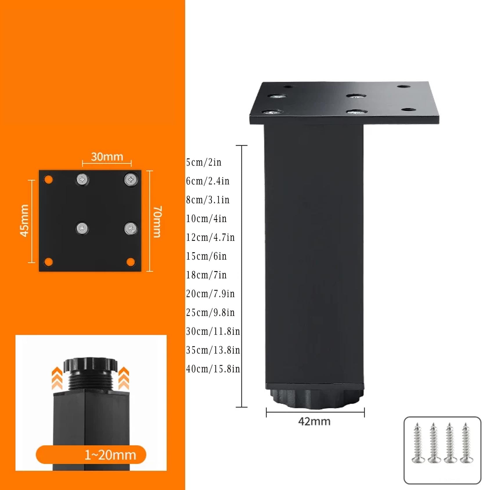 4 Piezas Patas de Negras Sofá, Patas Aleación de Aluminio Gabinete,Ajustables Pies de Armarios Metal,Muebles para Mesita de Noche (35cm)