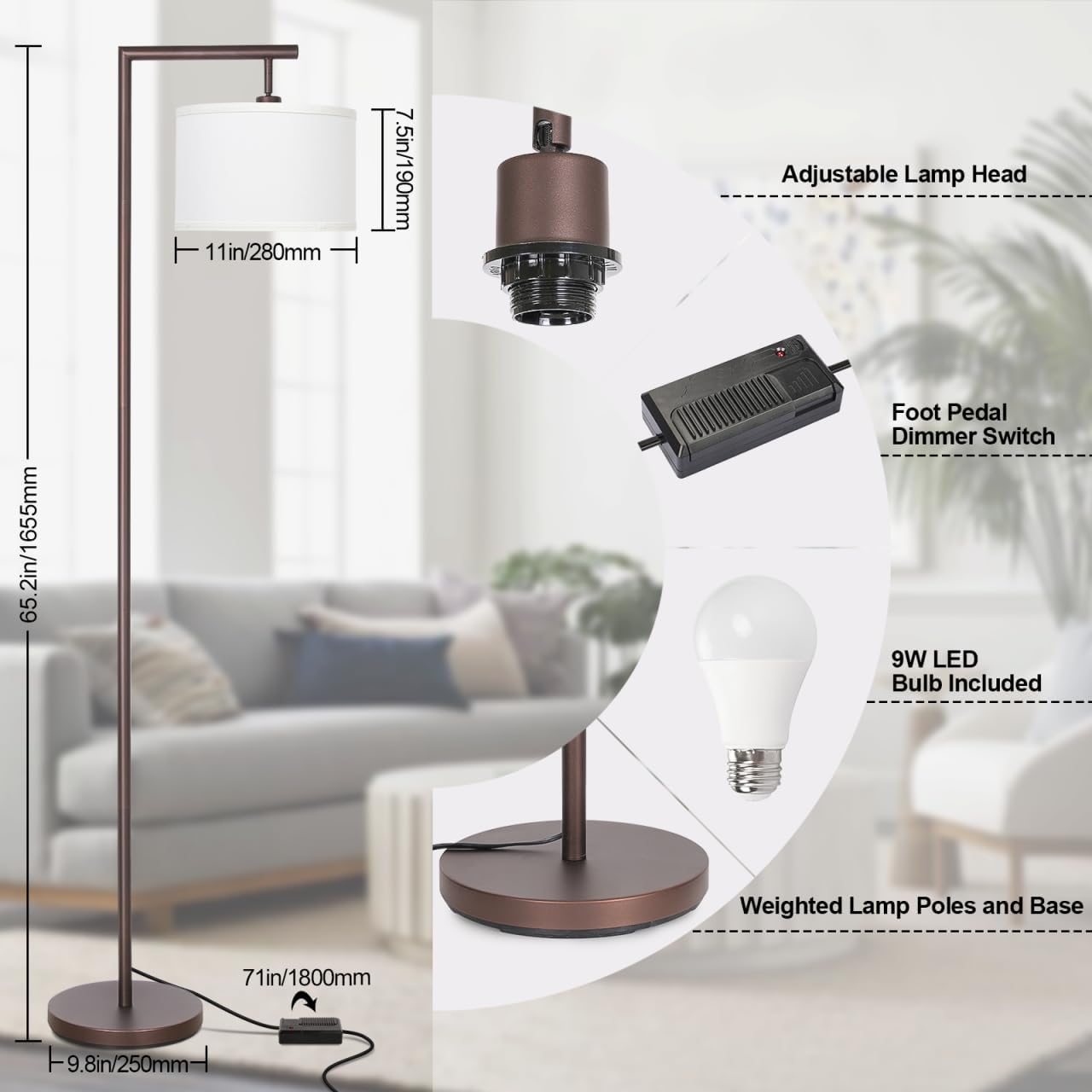 Fully Dimmable Floor Lamp Brown, Arc Floor Lamp for Bedroom with Adjustable Hanging Shade & Foot Switch, Modern Standing Lamp Corner Light Reading Lamp for Living Room, Office, LED Bulb Included