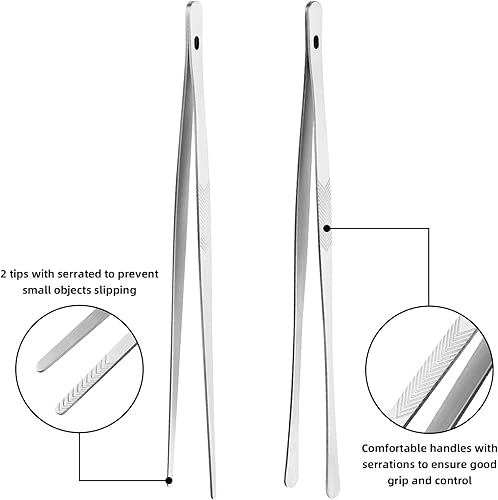 Miniatura 3 de ChefBee Pinzas de cocina de cocina, 2 utensilios de cocina de acero inoxidable de 12 pulgadas, pinzas finas de metal con puntas dentadas de