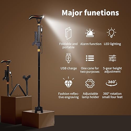 Miniatura 6 de Bastón plegable, bastón con luz y alarma, carga USB ajustable de 6 niveles, con mango en T de descompresión, adecuado para artritis y lesiones en