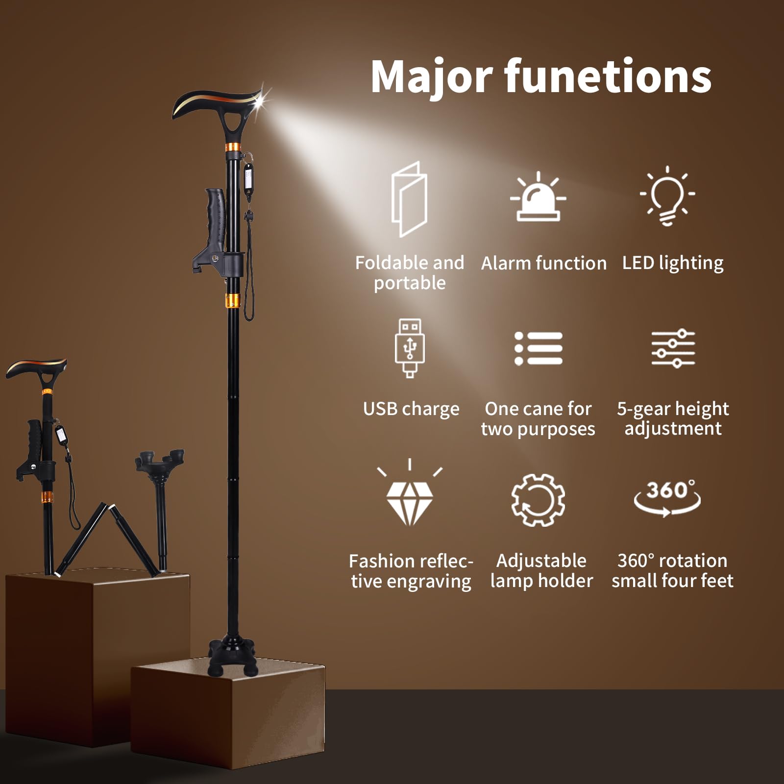 Bastón plegable con luz y alarma, 6 niveles de carga USB, altura ajustable con mango en T de descompresión, adecuado para personas mayores, artritis y lesiones en las piernas, bastones