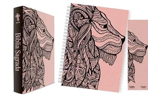 Kit leão rosa – bíblia capa dura ntlh + caderno + marca página: