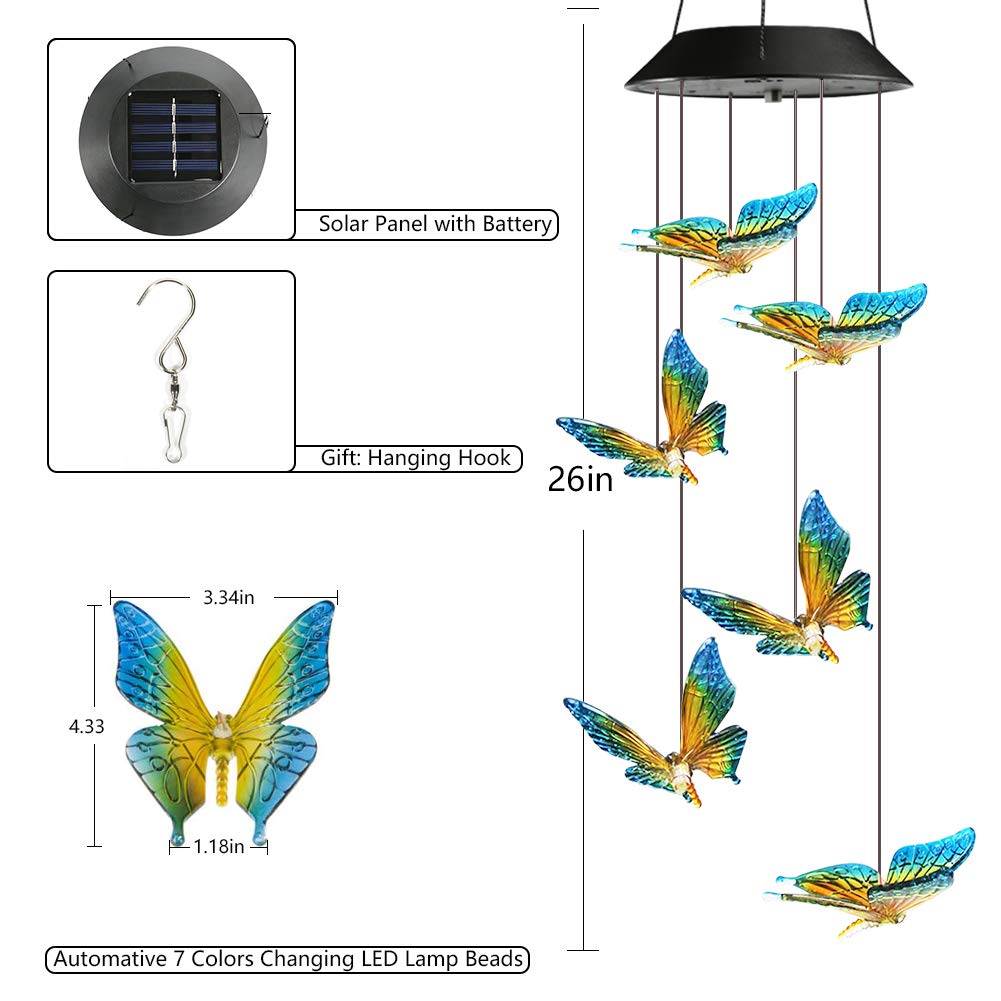 Qedertek Dekoracja wielkanocna, dzwonki wietrzne, motyl LED, słoneczna lampa ogrodowa, wisząca lampa do ogrodu, na drzewo, taras, podwórze, trawnik, podwórko, ścieżki