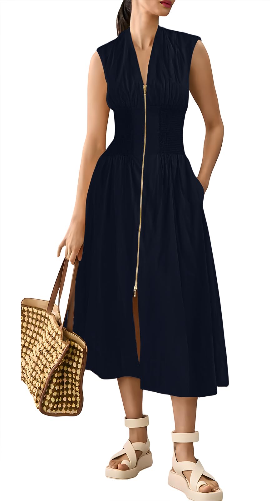 GUNEST Womens Dress Deep V Neck Zip Up Cap Sleeve Smocked Elastic Waist Split Summer Casual Midi Dress with Pockets