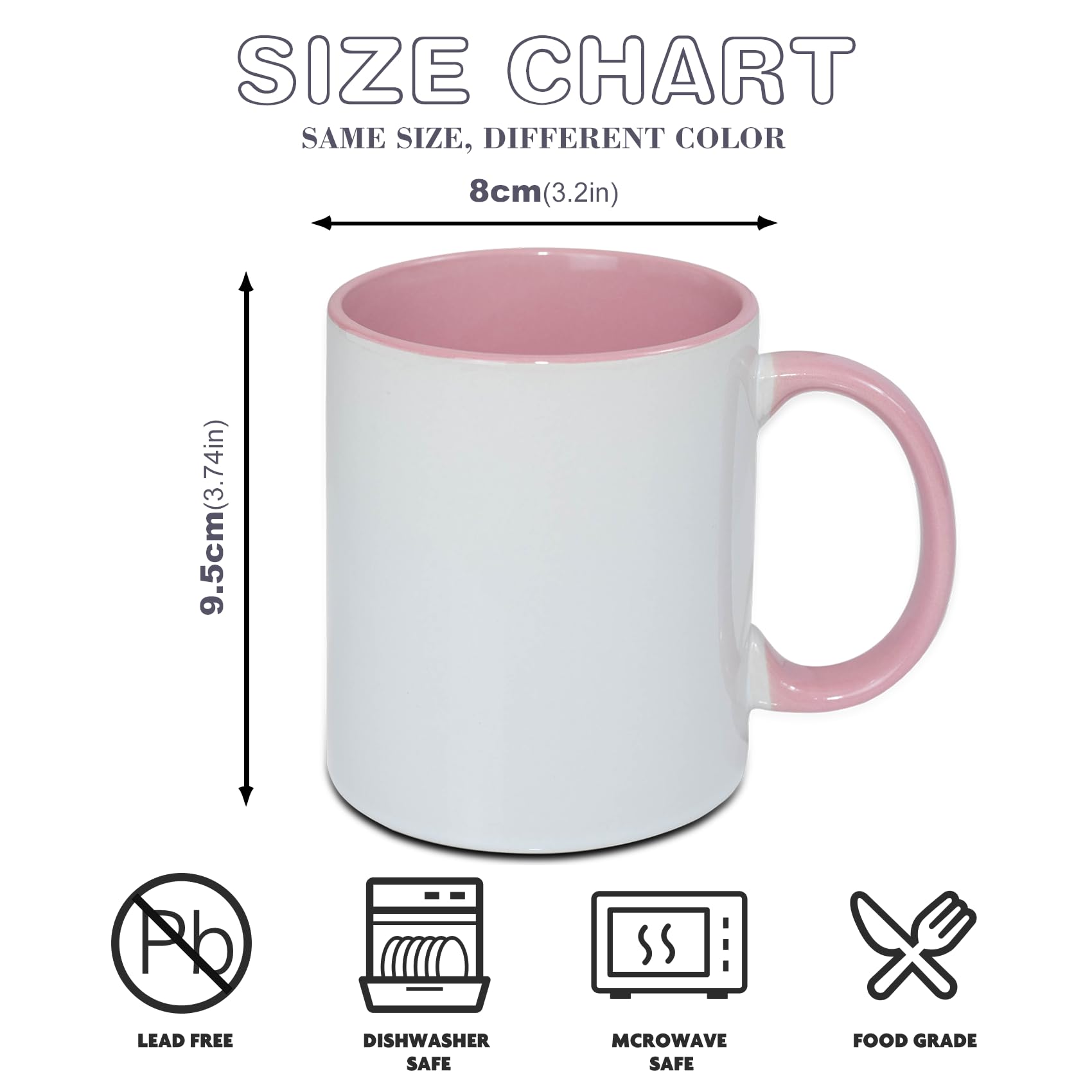 SUBLOVER Set di 9 tazze da caffè in ceramica bianca a sublimazione Tazas Para da 325 ml, tazze per sublimazione per Natale, per macchina da stampa tazza, colore interno e manico (rosa)