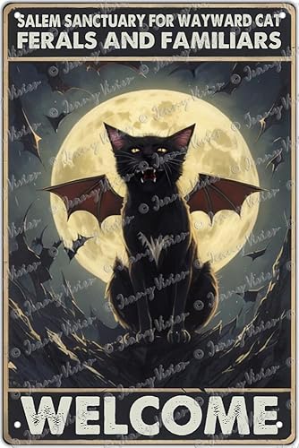Arte de pared de gato de bruja, letrero de metal de terror de gato negro, regalos para amantes de los gatitos para mujeres y niñas, decoración de