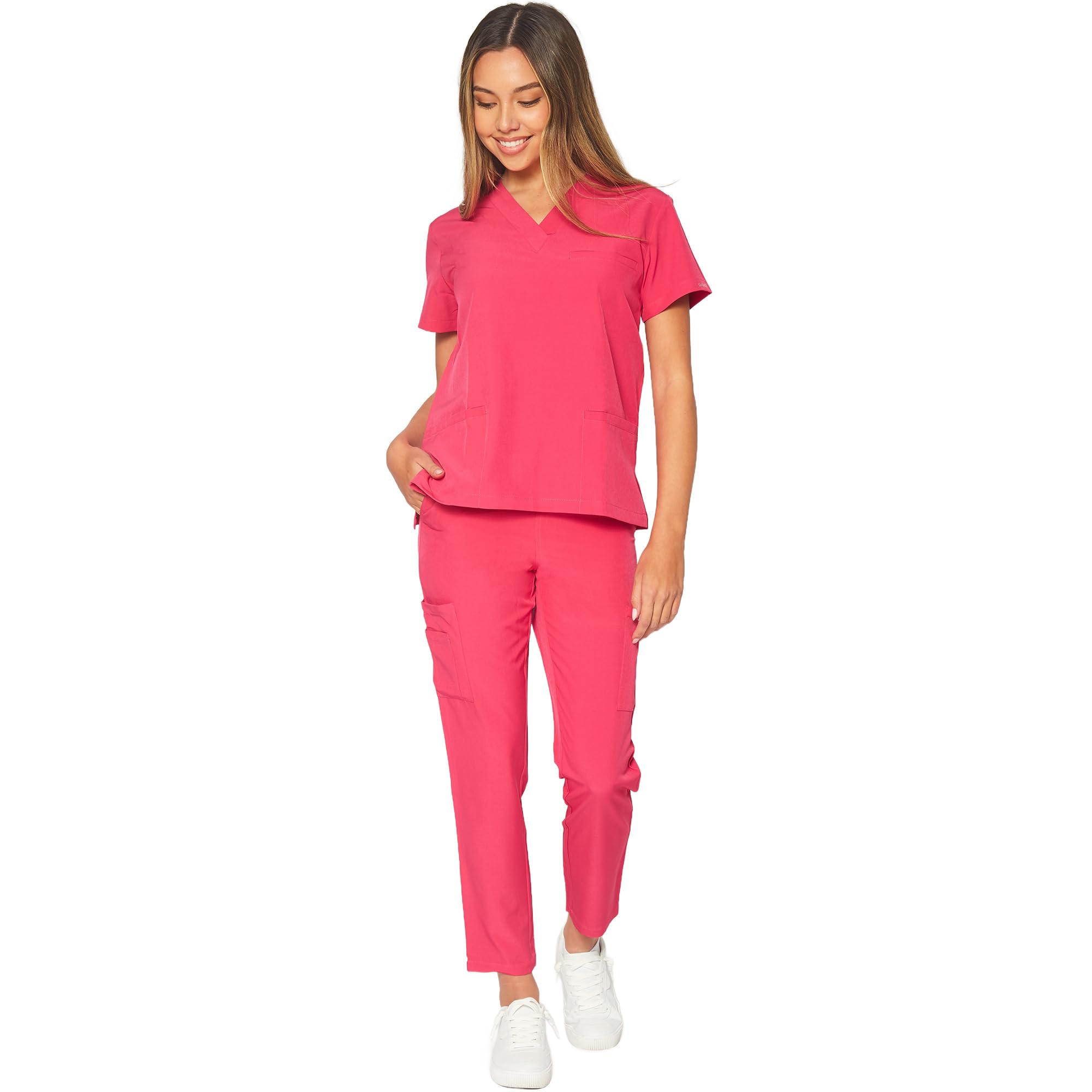 Dagacci Medical Uniform Unisex 4-Way Stretch Scrubs Set Medical Scrubs Top and Pants Hot Pink L