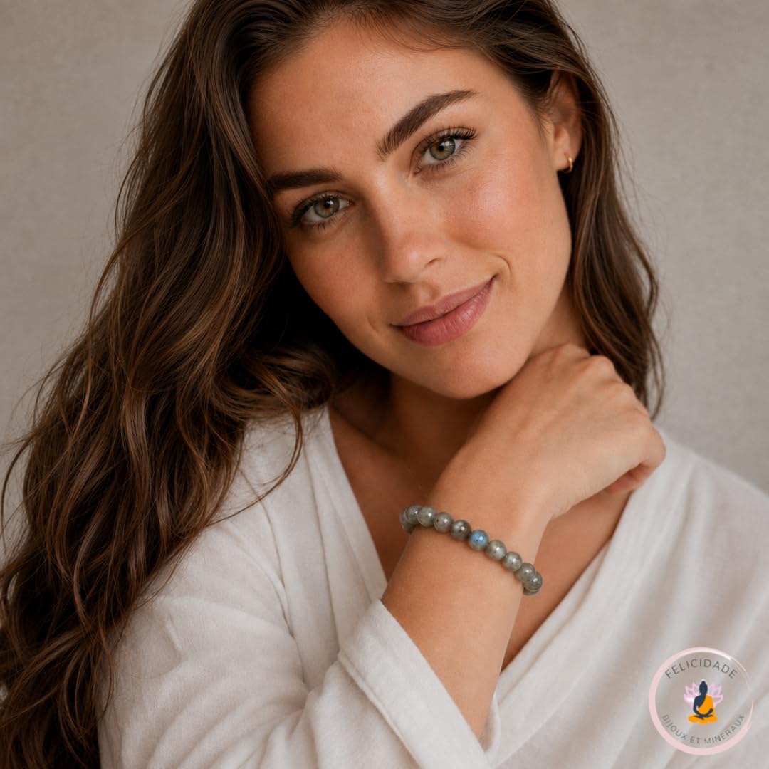 Felicidade Bracelet en Labradorite + Pochette Artisanale offerte – Pierre Naturelle 8MM – Protection & Bien-Être – Bijou Énergétique Unisexe en Lithothérapie pour Homme & Femme, Méditation & Cadeau