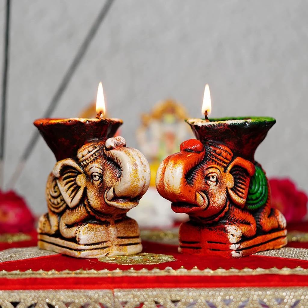 Good Earth Pottery Diyas for Home Decorations - Diyas Elephant Shape Diya for Home Decor Terracotta Table Diya Set (Set of 2)