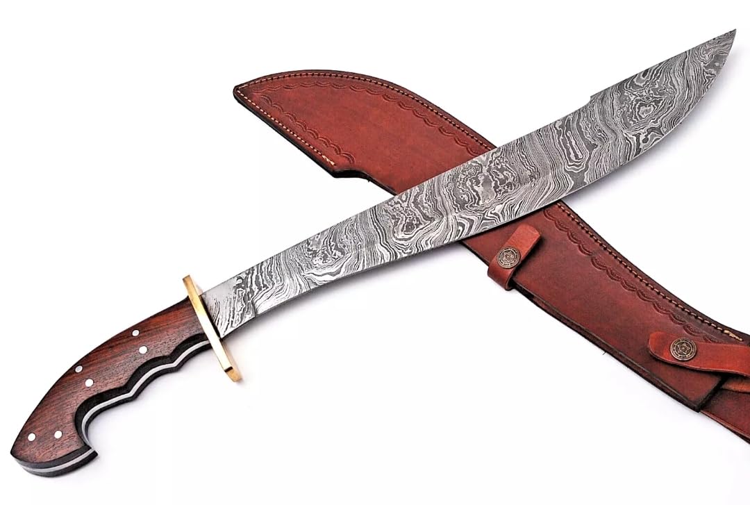 Empire - Full Tang Hunting Machete - Handmade Damascus Steel Combat Machete with Leather Sheath Rose Wood Grip Hand Forge Machete
