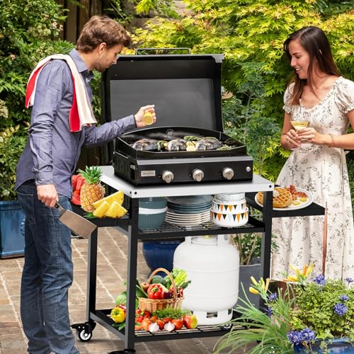 Image of 42 inch x 20 inch Three-Shelf Grill Cart, Outdoor Grill Table with Pizza Oven & BBQ Grill Stand