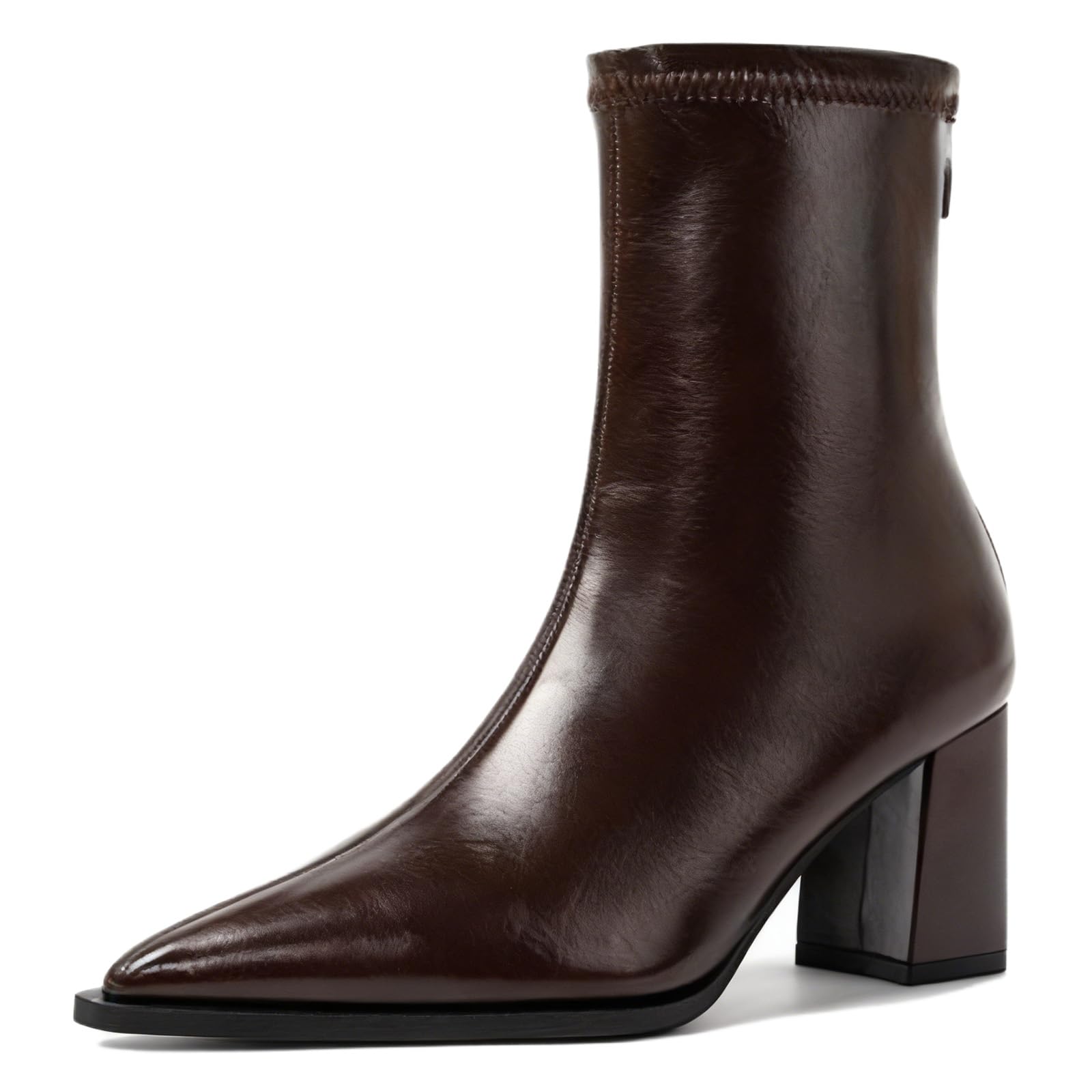 Sexy Ankle Boots for Womens Leather Pointed Toe Chunky Heel Dress Sock Booties with Back Zipper Comfortable Pull