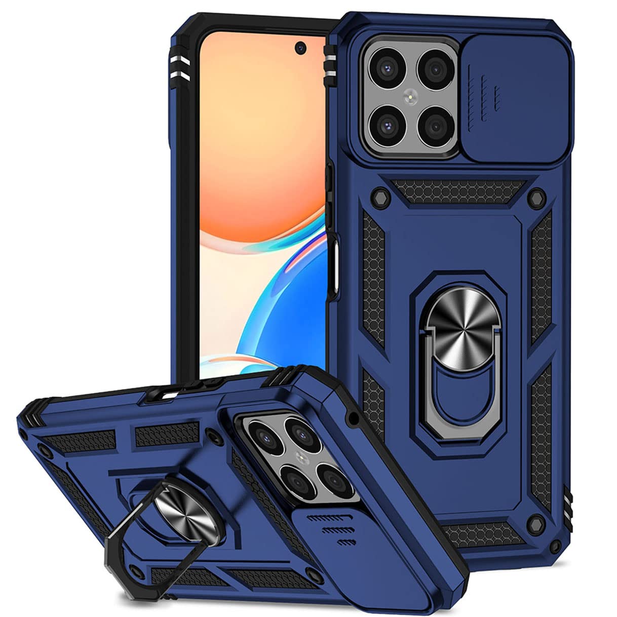 HAOYE Cover Per Honor X8 Con Protezione Scorrevole Per Fotocamera - Custodia Antiurdo Con Anello 360° E Supporto Magnetico, Blu