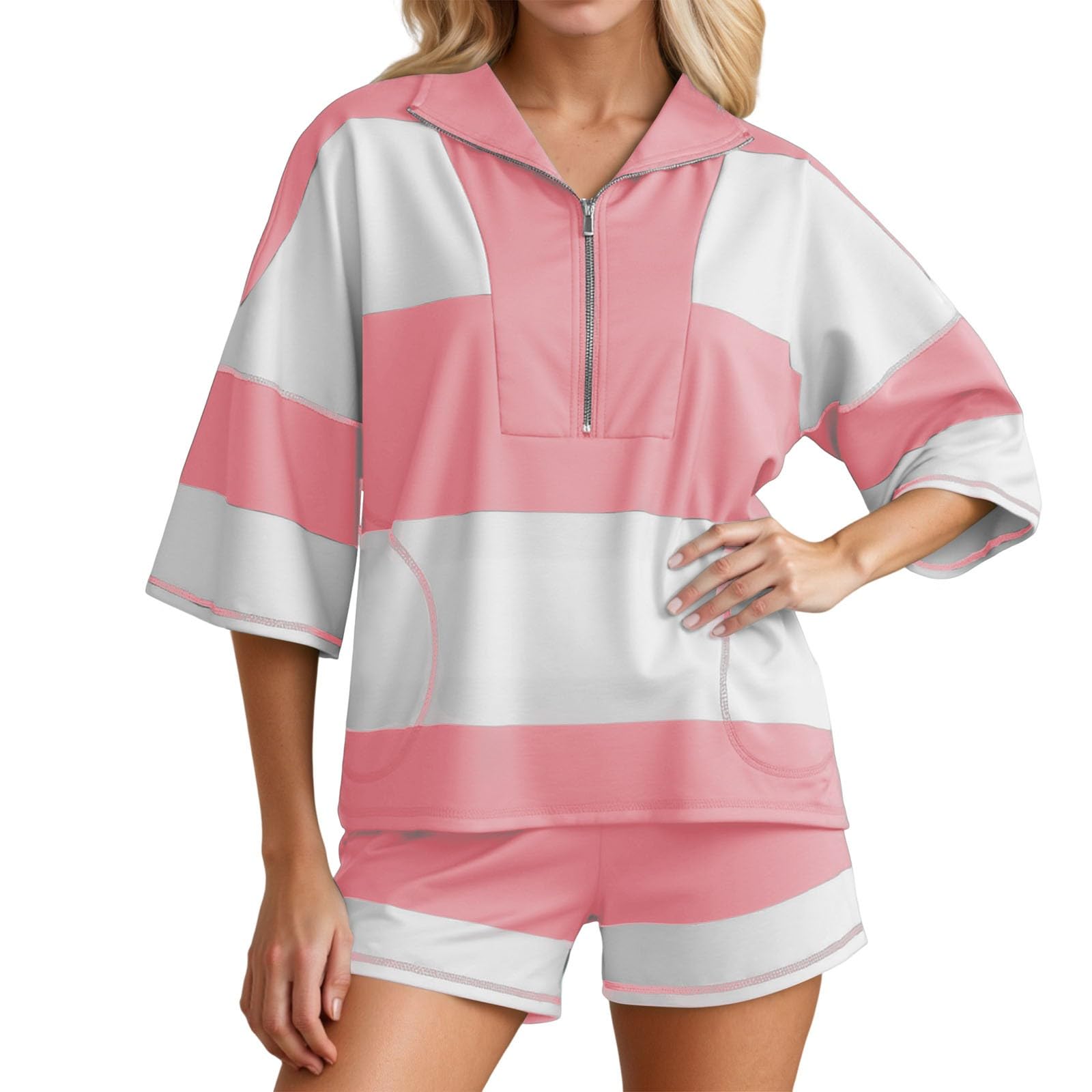 Generisch Tuta estiva da donna in due pezzi, corta, tinta unita, abbigliamento da spiaggia, vacanze, set elegante e casual, tuta leggera a maniche corte e pantaloncini con tasche, tuta per il tempo