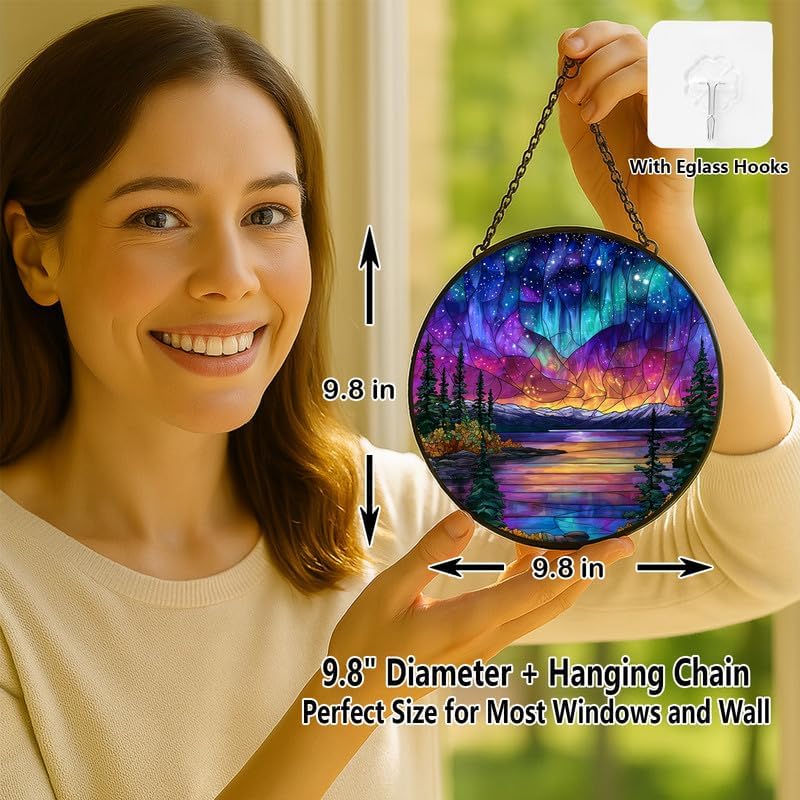 Northern Lights Aurora Stained Glass Window Hanging - Sun Catchers Indoor Window Stained Glass Panels Wall Decor for Mom，Wife，Lovers 9.8in