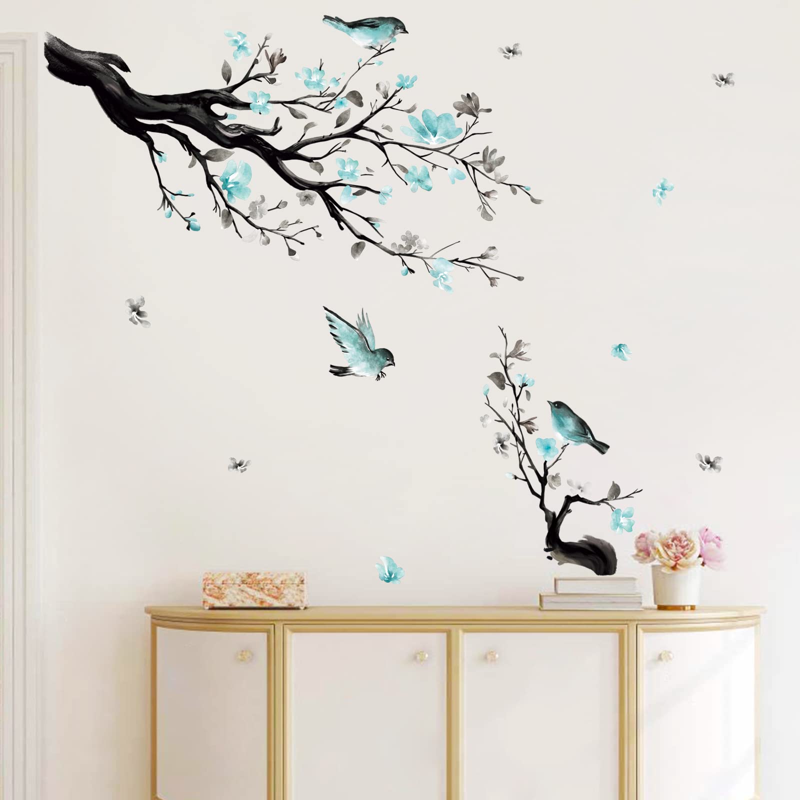 Decalmile Adesivi Murali Fiori Bianco Albero Con Uccelli - Decorazione Da Parete Removibile Per Soggiorno, Camera Da Letto E TV - 2 Fogli 30x90cm
